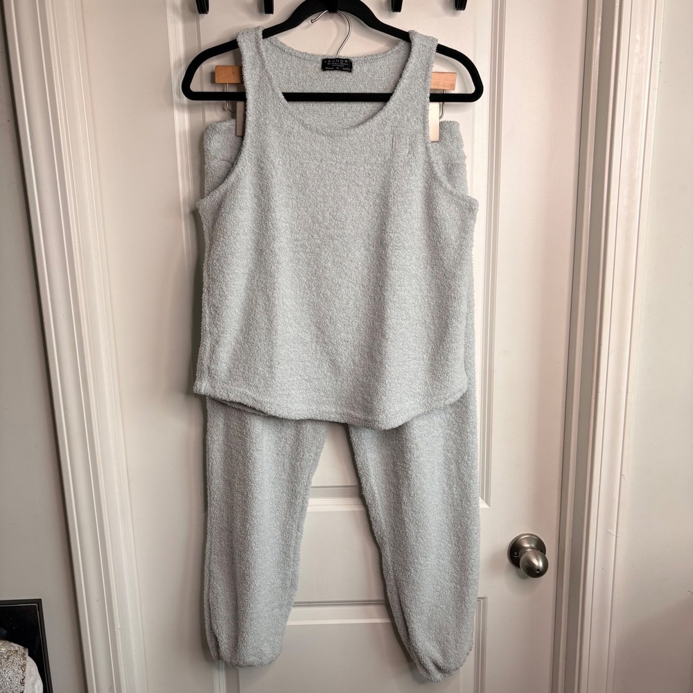 Laundry by Shelli Segal Plush Lounge Set Blue Fuzzy Cozy Tank Jogger Womens Sz M